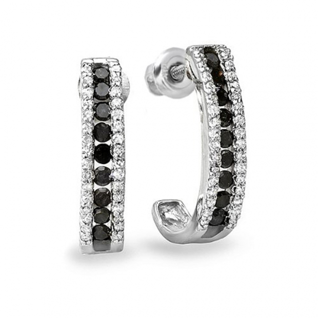 0.55 Carat (ctw) Sterling Silver Ladies Round Black and White Diamond Hoop Earrings