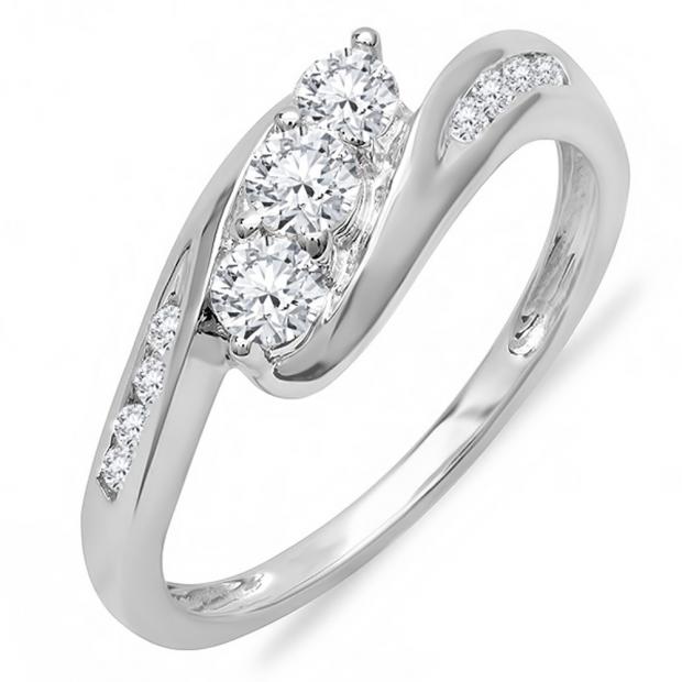 0.50 Carat (ctw) 14k White Gold Round Diamond Ladies Swirl Engagement 3 Stone Bridal Ring 1/2 CT