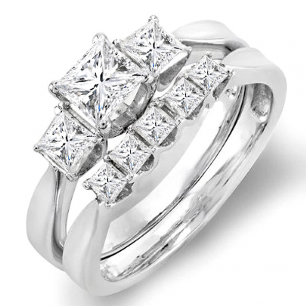 1.25 Carat (ctw) 14k White Gold Princess Diamond Ladies Bridal Engagement Ring Set