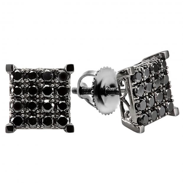 1.75 Carat (ctw) 10k White Gold Black Round Diamond Square Shaped Stud Earrings