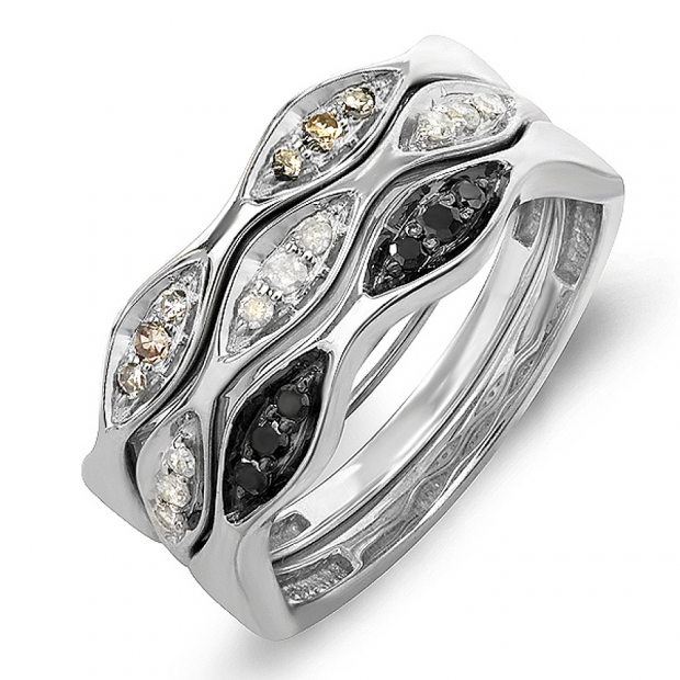 0.25 Carat (ctw) Designer Sterling Silver Black White and Champagne Round Real Diamond Wedding Anniversary Stackable 3 pcs Band 1/4 CT