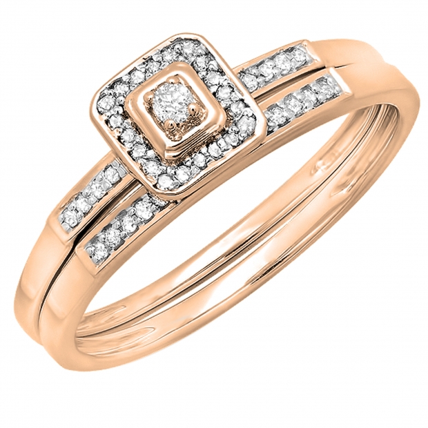 0.15 Carat (ctw) 10K Rose Gold Round Diamond Ladies Halo Engagement Bridal Ring Set Matching Wedding Band