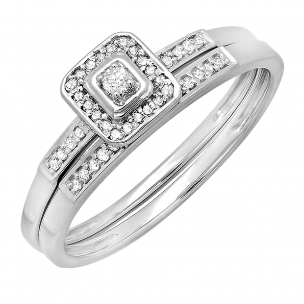 0.15 Carat (ctw) 10K White Gold Round Diamond Ladies Halo Engagement Bridal Ring Set Matching Wedding Band