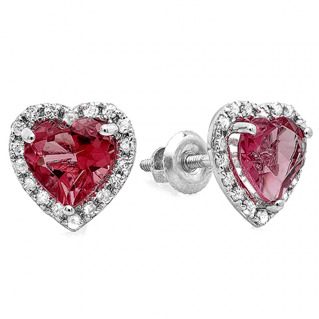 1.35 Carat (ctw) 10k White Gold Heart Rhodolite Garnet & White Diamond Ladies Halo Stud Earrings
