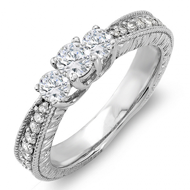 0.65 Carat (ctw) 14k White Gold Round Diamond 3 Stone Ladies Bridal Engagement Ring