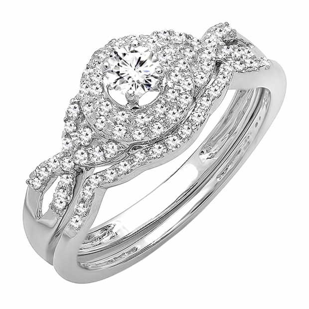 0.50 Carat (ctw) 14k White Gold Round Diamond Ladies Halo Style Bridal Engagement Ring Matching Band Wedding Set 1/2 CT