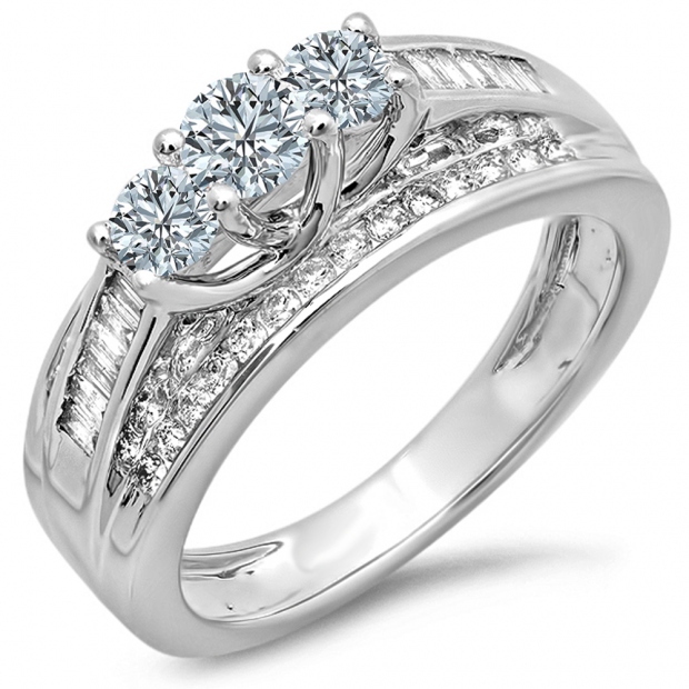1.15 Carat (ctw) 14k White Gold Round & Baguette Diamond 3 Stone Ladies Bridal Engagement Ring