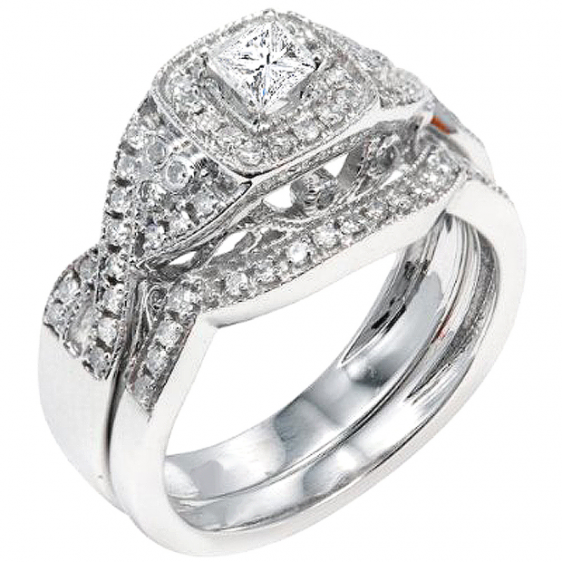 0.60 Carat (ctw) 14k White Gold Princess & Round Diamond Twist Ladies Vintage Bridal Engagement Ring Set