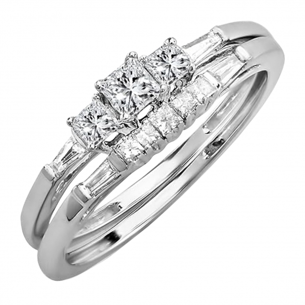 0.40 Carat (ctw) 10k White Gold Princess & Baguette Diamond Ladies Bridal Engagement Ring Set