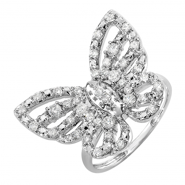 0.70 Carat (ctw) Round White Diamond Ladies Butterfly Cocktail Right Hand Ring 3/4 CT 10K White Gold