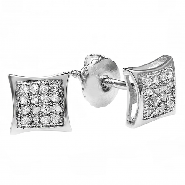 0.05 Carat (ctw) Platinum Plated Sterling Silver Real Diamond Kite Shape Mens Hip Hop Iced Stud Earrings