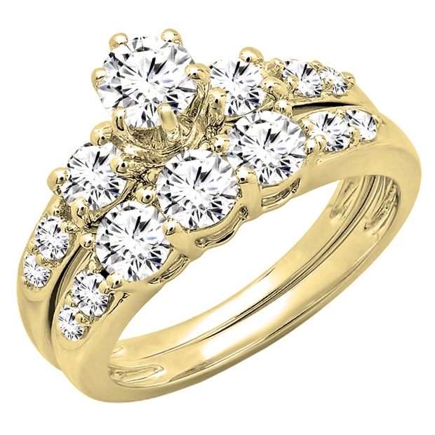 3.00 Carat (ctw) 10k Yellow Gold Round White Cubic Zirconia Ladies 3 Stone Bridal Engagement Ring Matching Band Set 3 CT