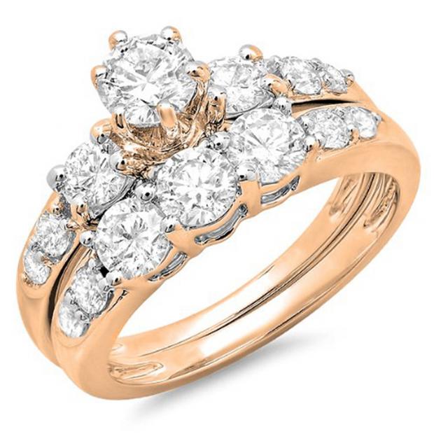 1.80 Carat (ctw) 14k Rose Gold Round Diamond Ladies 3 Stone Bridal Engagement Ring Matching Band Set
