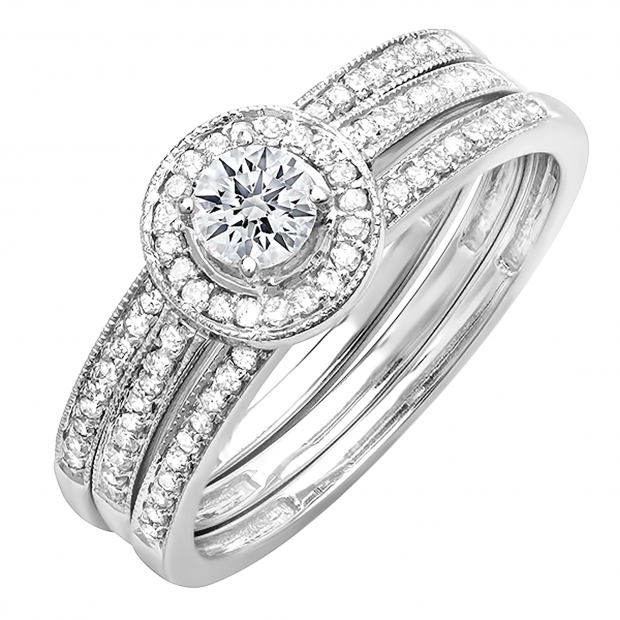 0.50 Carat (ctw) 14k White Gold Round Diamond Ladies Halo Bridal Engagement Ring Matching Band 3 pcs Set