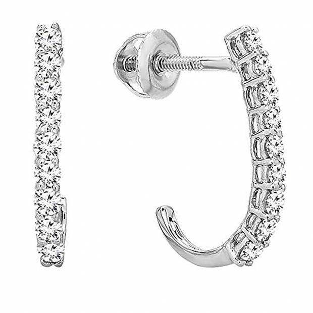 0.40 Carat (ctw) 10K White Gold Round White Diamond Ladies Fancy J Shaped Hoop Earrings
