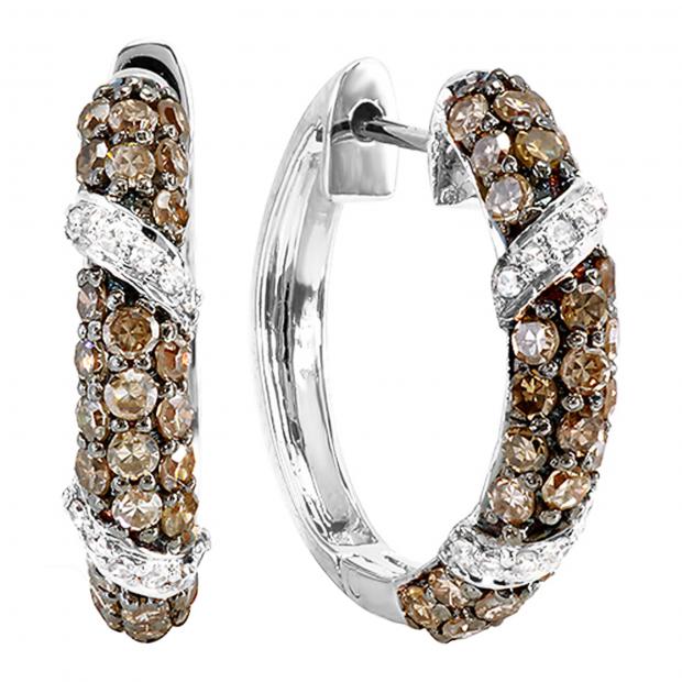 0.85 Carat (ctw) Round White & Champagne Diamond Ladies Hoop Earrings 18K White Gold
