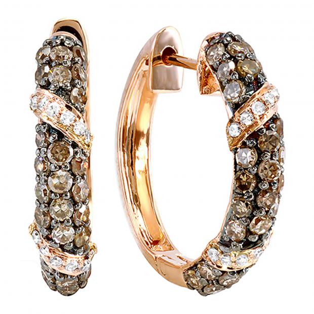 0.85 Carat (ctw) Round White & Champagne Diamond Ladies Hoop Earrings 14K Rose Gold
