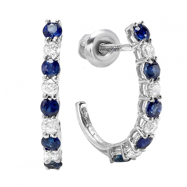 0.50 Carat (ctw) 10K White Gold Round White Diamonds & Blue Sapphire Ladies Fancy J Shaped Hoop Earrings 1/2 CT