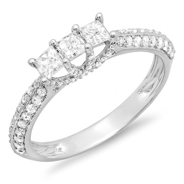 0.85 Carat (ctw) 14k White Gold Princess & Round Diamond Ladies 3 Stone Bridal Engagement Ring