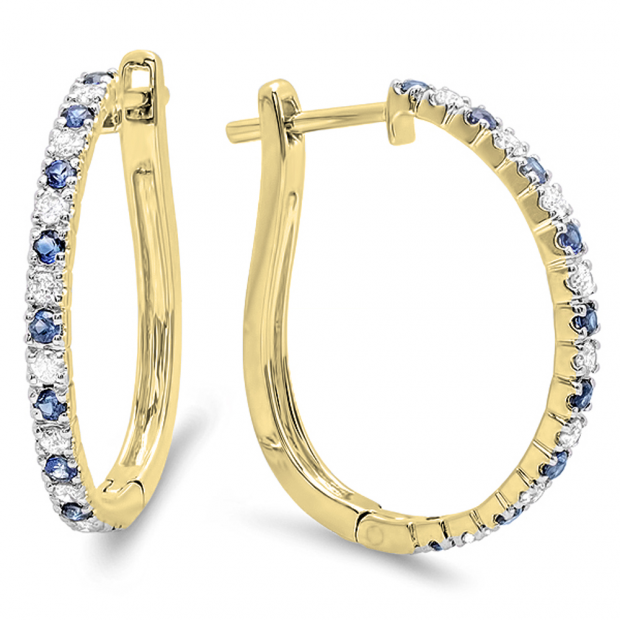 0.50 Carat (ctw) 10K Yellow Gold Round Blue Sapphire and White Diamond Ladies Hoop Earrings 1/2 CT