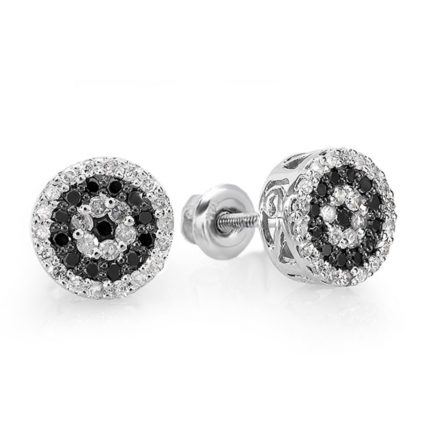 0.50 Carat (ctw) 14k White Gold Round Cut Black & White Diamond Ladies Cluster Stud Earrings 1/2 CT