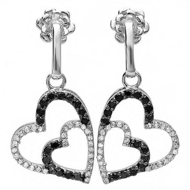 0.60 Carat (ctw) 10k White Gold Round Black & White Diamond Ladies Double Heart Dangling Earrings