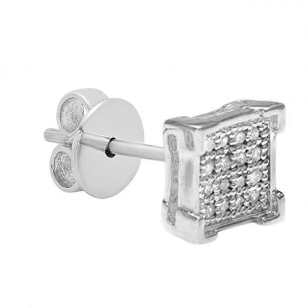 0.03 Carat (ctw) Round White Diamond V Prong Square Shape Mens Hip Hop Iced Stud Earring (Only 1Pc) 10K White Gold