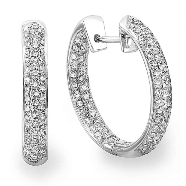 2.00 Carat (ctw) 14k White Gold Round Diamond Ladies Pave Hoop Earrings 2 CT
