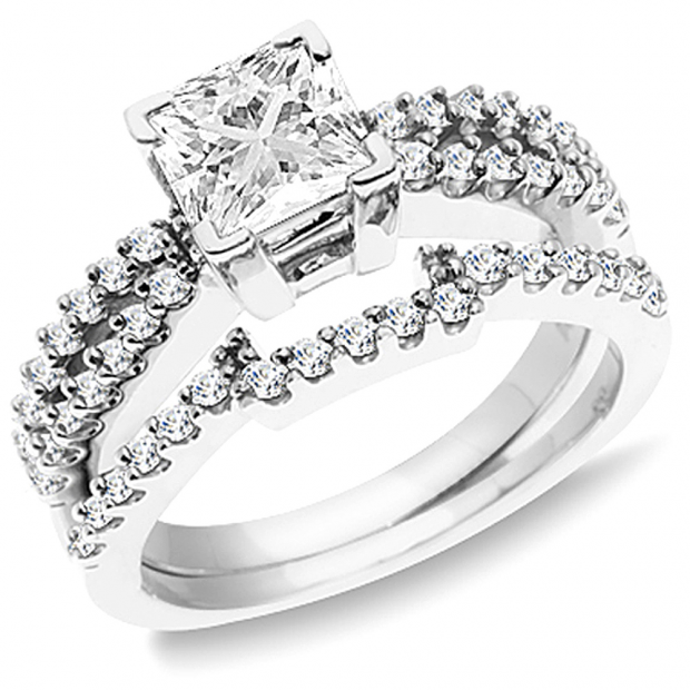 1.50 Carat (ctw) 14K White Gold Princess & Round White Diamond Ladies Split Shank Bridal Engagement Ring with Matching Wedding Band Set 1 1/2 CT