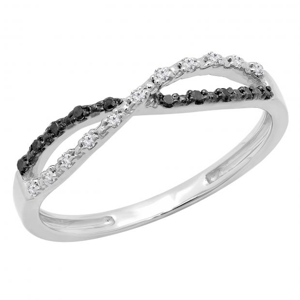 0.10 Carat (ctw) White and Black Diamond Ladies Infinity Swirl Wedding Band 1/10 CT 14K White Gold