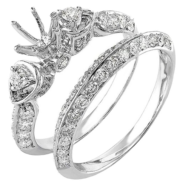 1.20 Carat (ctw) 14K White Gold Round Diamond Ladies 3 Stone Semi Mount Bridal Engagement Ring Set 1 1/4 CT (No Center Stone)