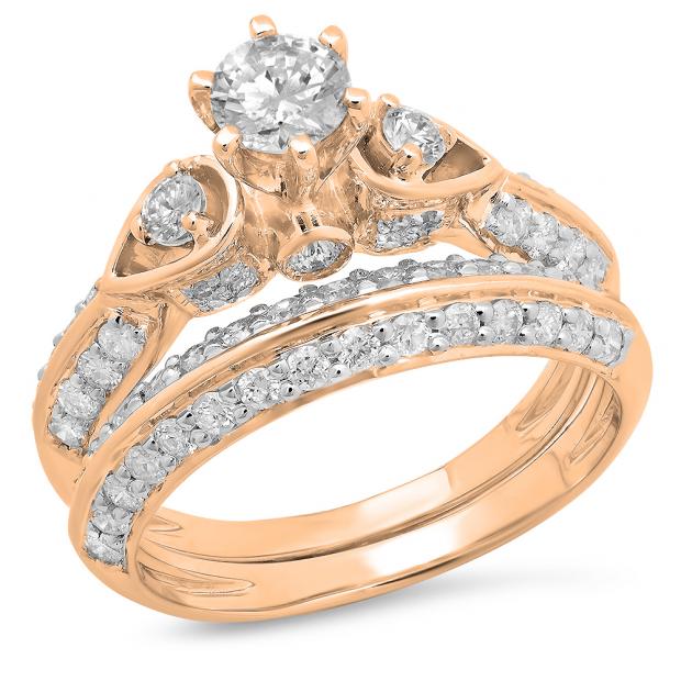 1.50 Carat (ctw) 10K Rose Gold Round Diamond Ladies 3 Stone Bridal Engagement Ring Set 1 1/2 CT