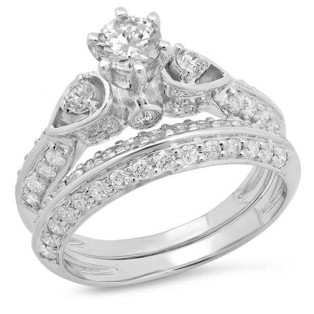 1.50 Carat (ctw) 14K White Gold Round Diamond Ladies 3 Stone Bridal Engagement Ring Set 1 1/2 CT