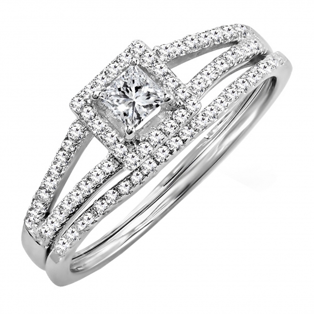 0.45 Carat (ctw) Princess & Round White Diamond Bridal Engagement Ring Set 1/2 CT 14K White Gold