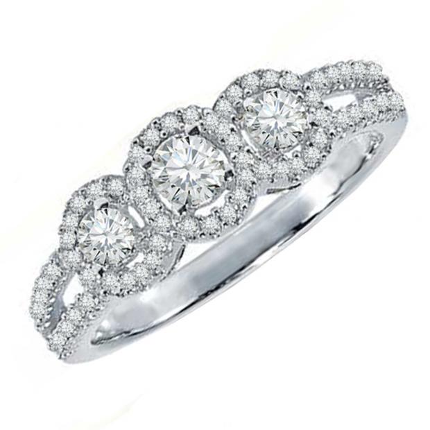 0.50 Carat (ctw) 14k White Gold Round Diamond Ladies 3 Stone Split Shank Engagement Bridal Ring 1/2 CT