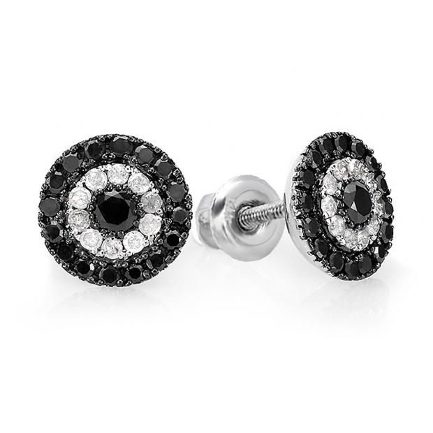 1.00 Carat (ctw) Sterling Silver Black & White Round Cut Diamond Circles Stud Earrings 1 CT