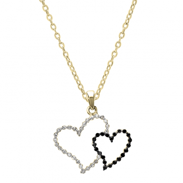 0.23 Carat (ctw) Round Black and White Diamond Double Heart Pendant for Women with 18 inch Gold Chain in 18K Yellow Gold