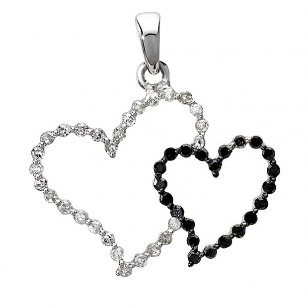 0.23 Carat (ctw) 10k White Gold Round Black and White Diamond Ladies Double Heart Pendant 1/4 CT
