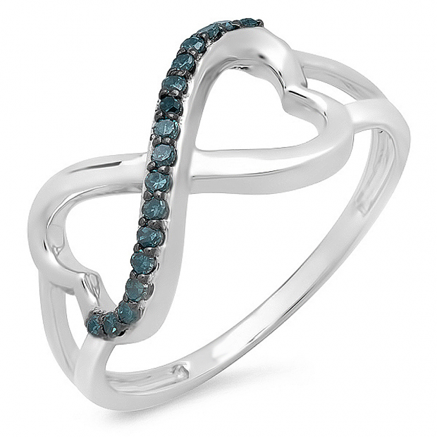 0.15 Carat (ctw) 10k White Gold Round Blue Diamond Ladies Two Double Heart Infinity Love Engagement Promise Ring