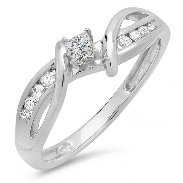 0.25 Carat (ctw) 10k White Gold Princess and Round Diamond Ladies Crossover Split Shank Bridal Promise Engagement Ring 1/4 CT