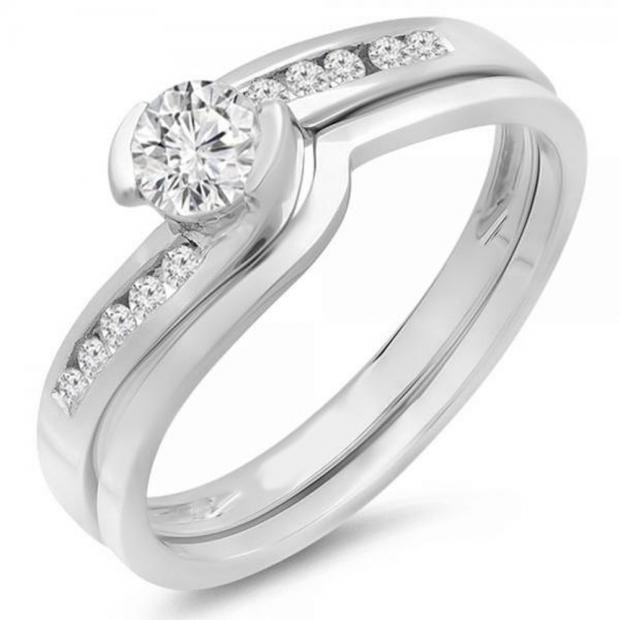 0.50 Carat (ctw) 10K White Gold Round Diamond Ladies Bridal Engagement Ring Set Matching Band 1/2 CT