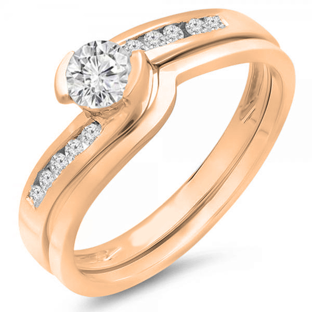 0.50 Carat (ctw) 14K Rose Gold Round Diamond Ladies Bridal Engagement Ring Set Matching Band 1/2 CT