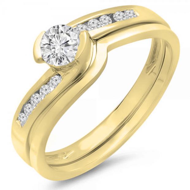 0.50 Carat (ctw) 18K Yellow Gold Round Diamond Ladies Bridal Engagement Ring Set Matching Band 1/2 CT