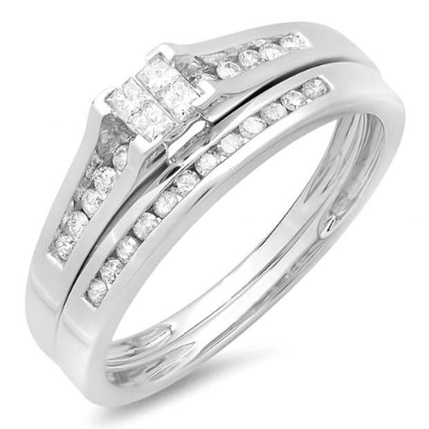 0.30 Carat (ctw) 10k White Gold Princess and Round Diamond Ladies Bridal Engagement Ring Set 1/3 CT