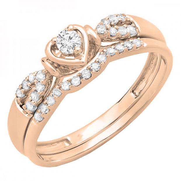 0.25 Carat (ctw) 10k Rose Gold Round Diamond Ladies Heart Shaped Bridal Engagement Ring Matching Band Set 1/4 CT