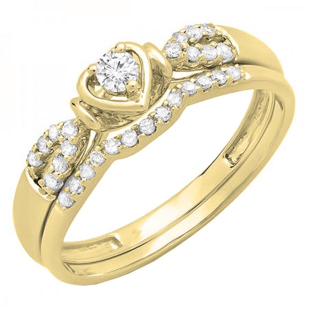 0.25 Carat (ctw) 10k Yellow Gold Round Diamond Ladies Heart Shaped Bridal Engagement Ring Matching Band Set 1/4 CT
