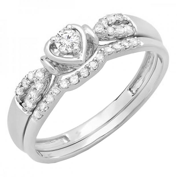 0.25 Carat (ctw) 14k White Gold Round Diamond Ladies Heart Shaped Bridal Engagement Ring Matching Band Set 1/4 CT
