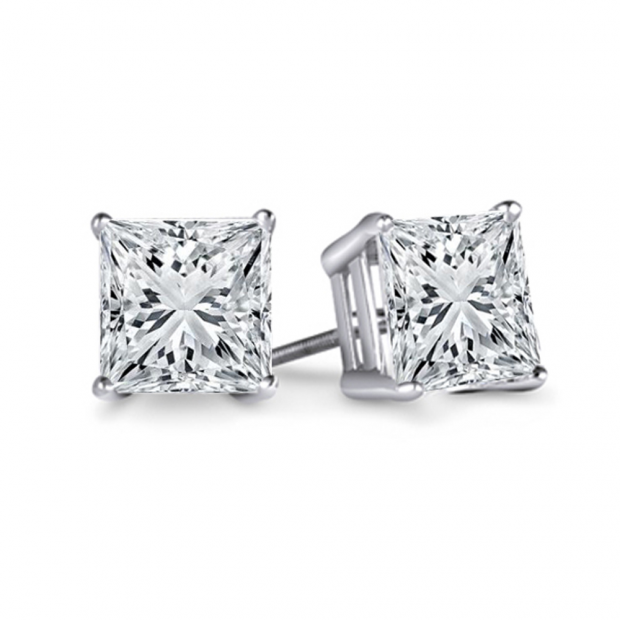 IGI Certified 1.06 Carat (ctw) 14K White Gold Princess Cut White Diamond Ladies Stud Earrings 1 CT