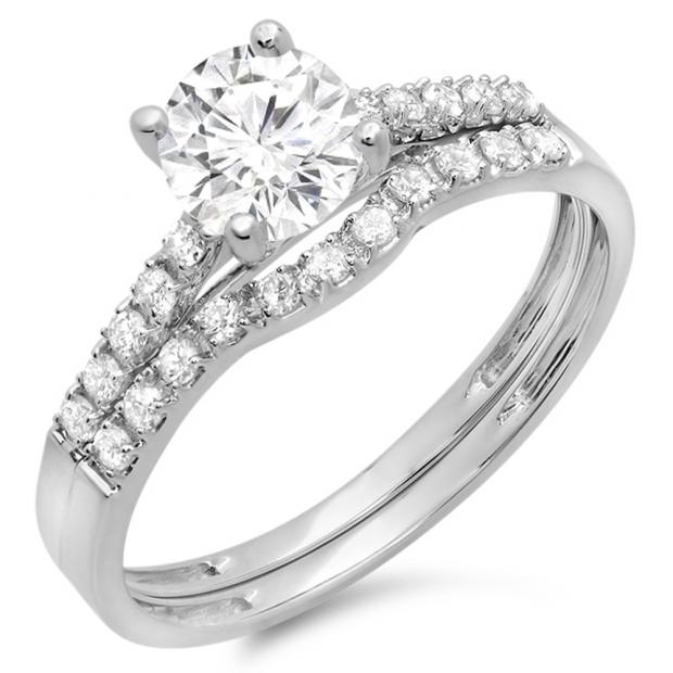 1.25 Carat (ctw) 18K White Gold Round White Diamond Ladies Bridal Engagement Ring Matching Band Wedding Sets 1 1/4 CT