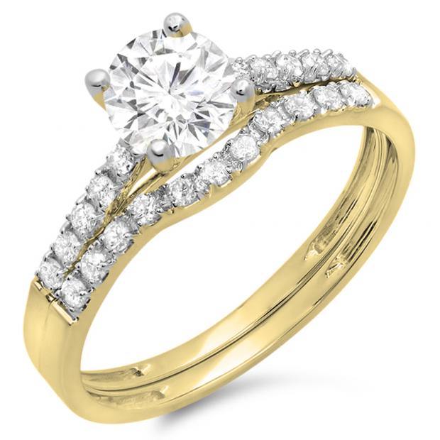 1.25 Carat (ctw) 18K Yellow Gold Round White Diamond Ladies Bridal Engagement Ring Matching Band Wedding Sets 1 1/4 CT